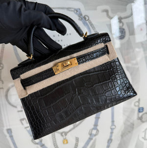 Hermes mini Kelly 20 black matte alligator gold hardware