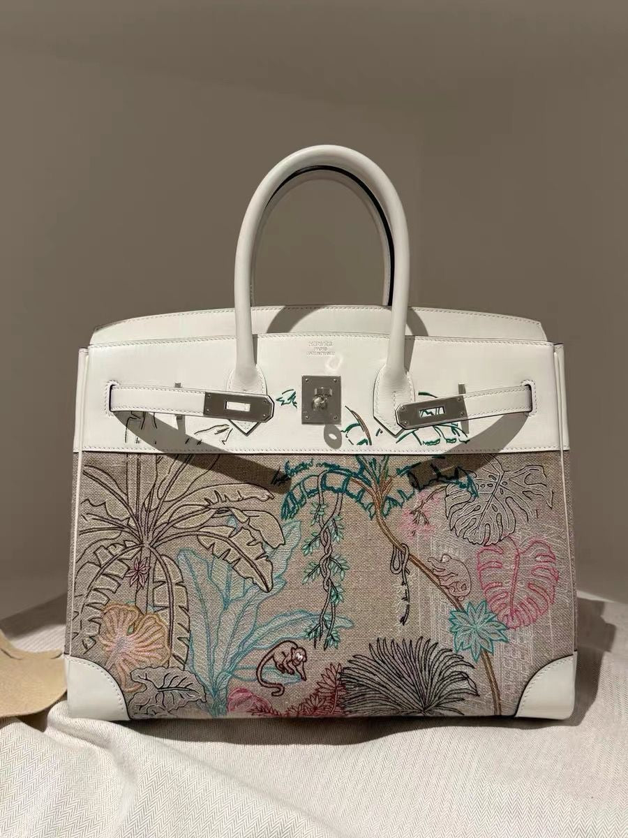 Hermes Birkin 35 Faubourg Tropical White Swift / Toile Embroidery Palladium hardware