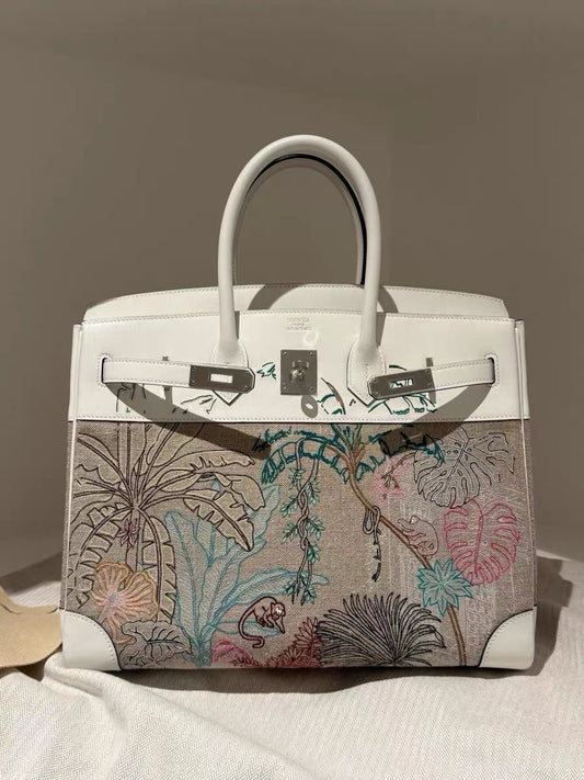 Hermes Birkin 35 Faubourg Tropical White Swift / Toile Embroidery Palladium hardware