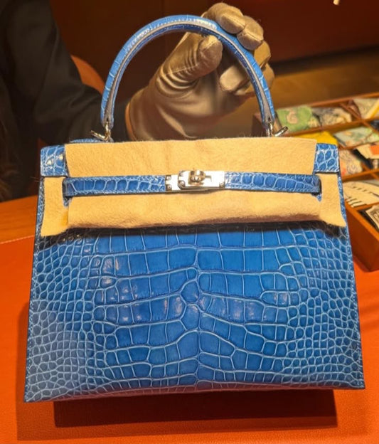 Hermes Kelly 25 Bleu Zellige Shiny Alligator Palladium hardware