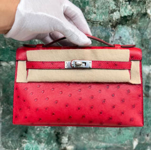 Hermes Kelly Pochette rouge vif ostrich palladium hardware