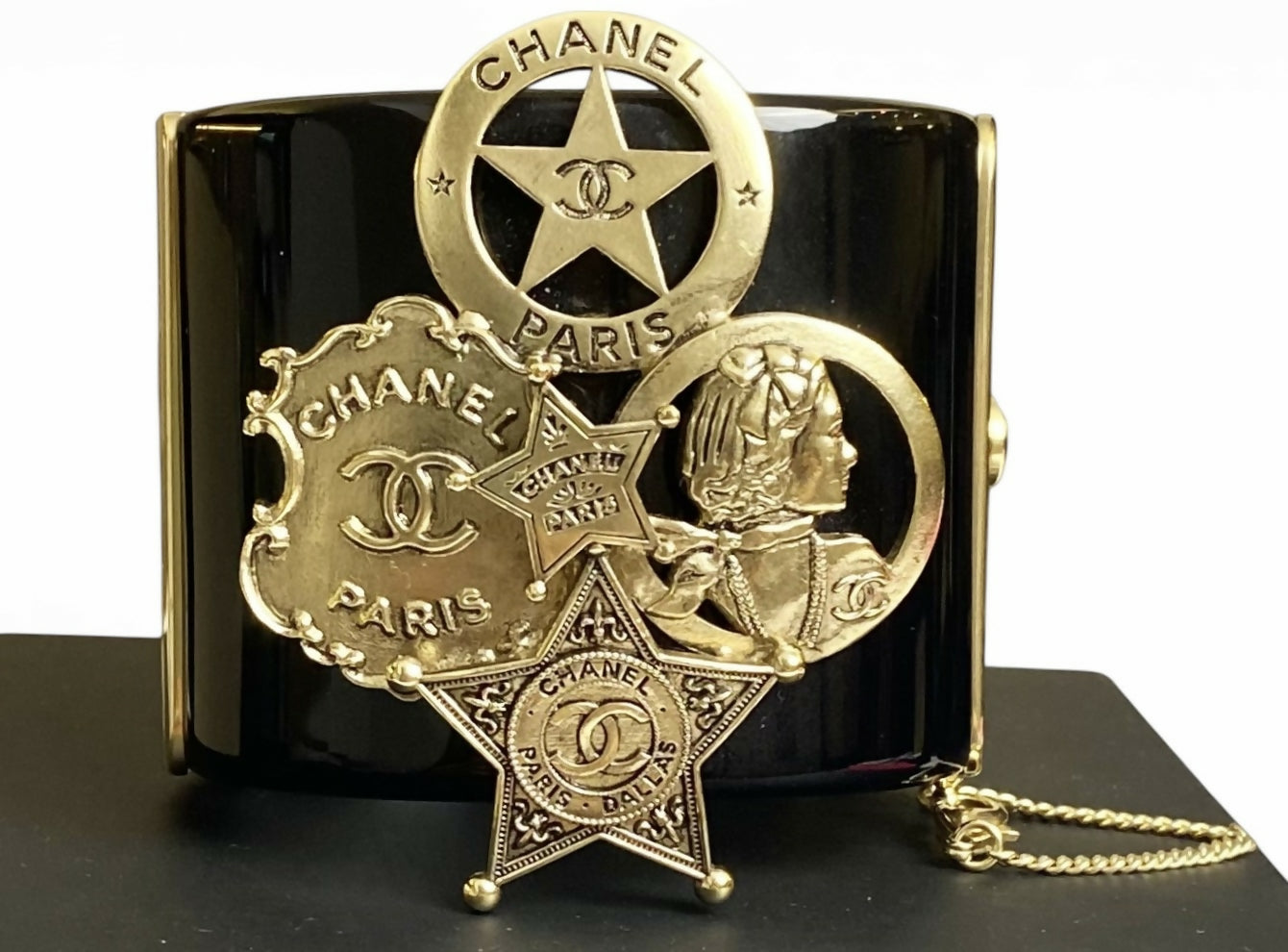 Rare Chanel 14A Paris Dallas Black Gold Wide Statement Cuff Bracelet