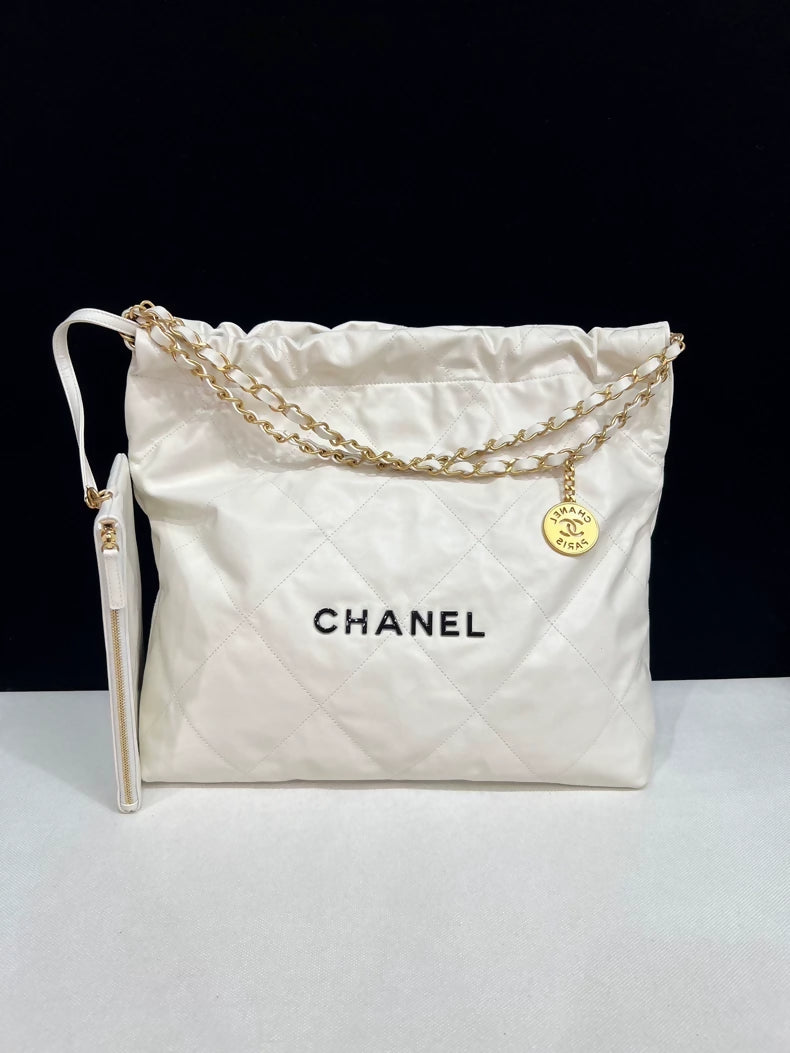 CHANEL 22 bag, white with black lettering, medium size