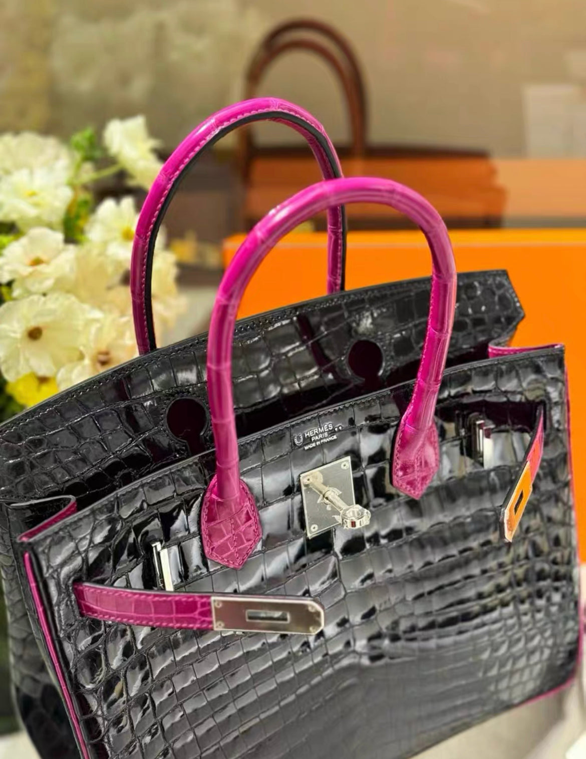 Hermes Birkin 30 Niloticus Crocodile Black & Fuchsia Pink Palladium Hardware