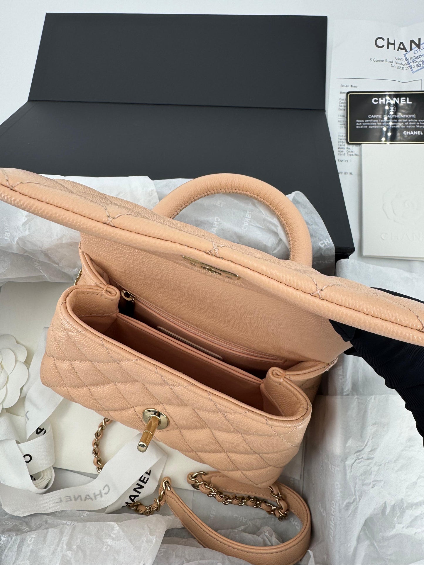 Chanel peach grained leather mini coco handle with light gold hardware