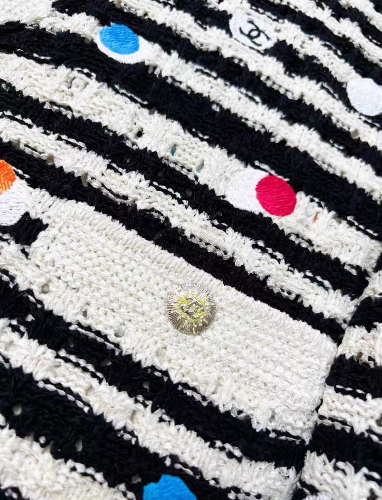 Chanel 24S black and white striped colorful polka dot navy collar knitted top