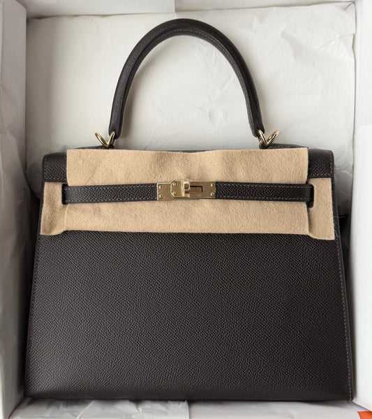 Hermes Kelly 25 Bai Brun Epsom Gold hardware