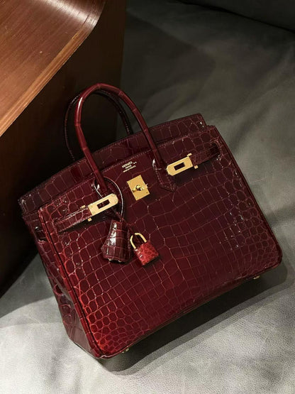 Hermes Birkin 25 Red Bordeaux shiny crocodile leather gold hardware