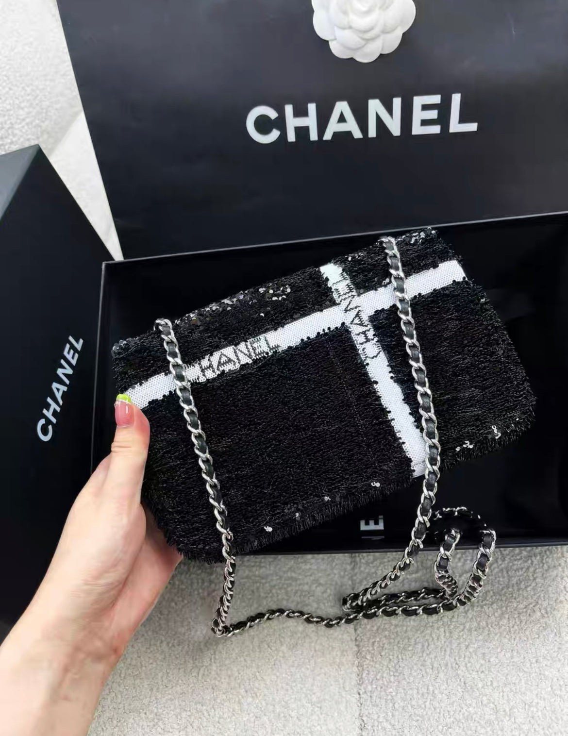 Chanel 24B black and white sequin bow silver hardware mini flap chain bag