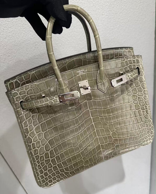 Hermes Birkin 25 Gris Tourterelle shiny niloticus crocodile leather palladium hardware