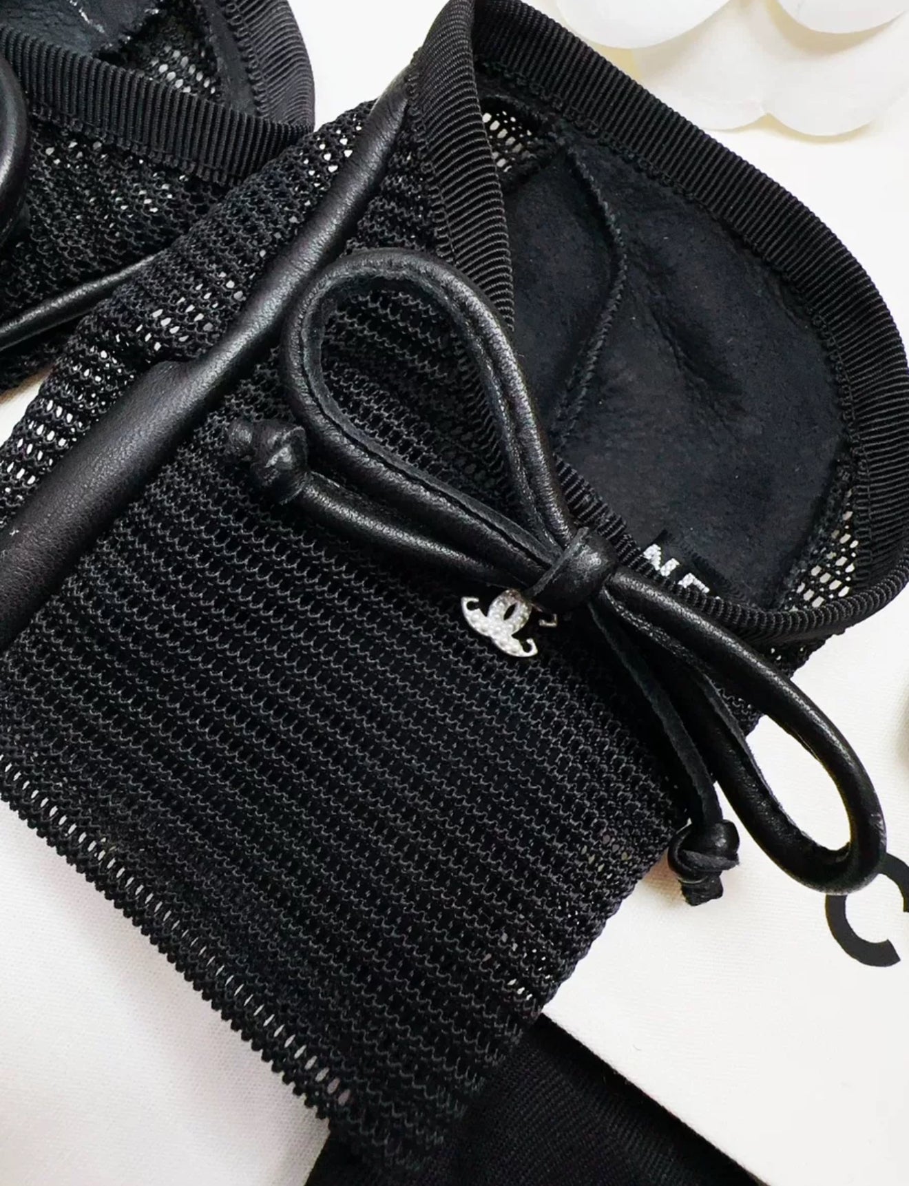 Chanel black mesh leather bow gloves