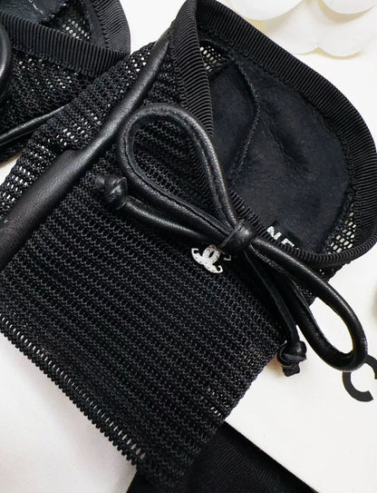 Chanel black mesh leather bow gloves