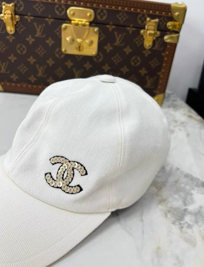 CHANEL Cotton Sequin CC Cap Hat Ivory