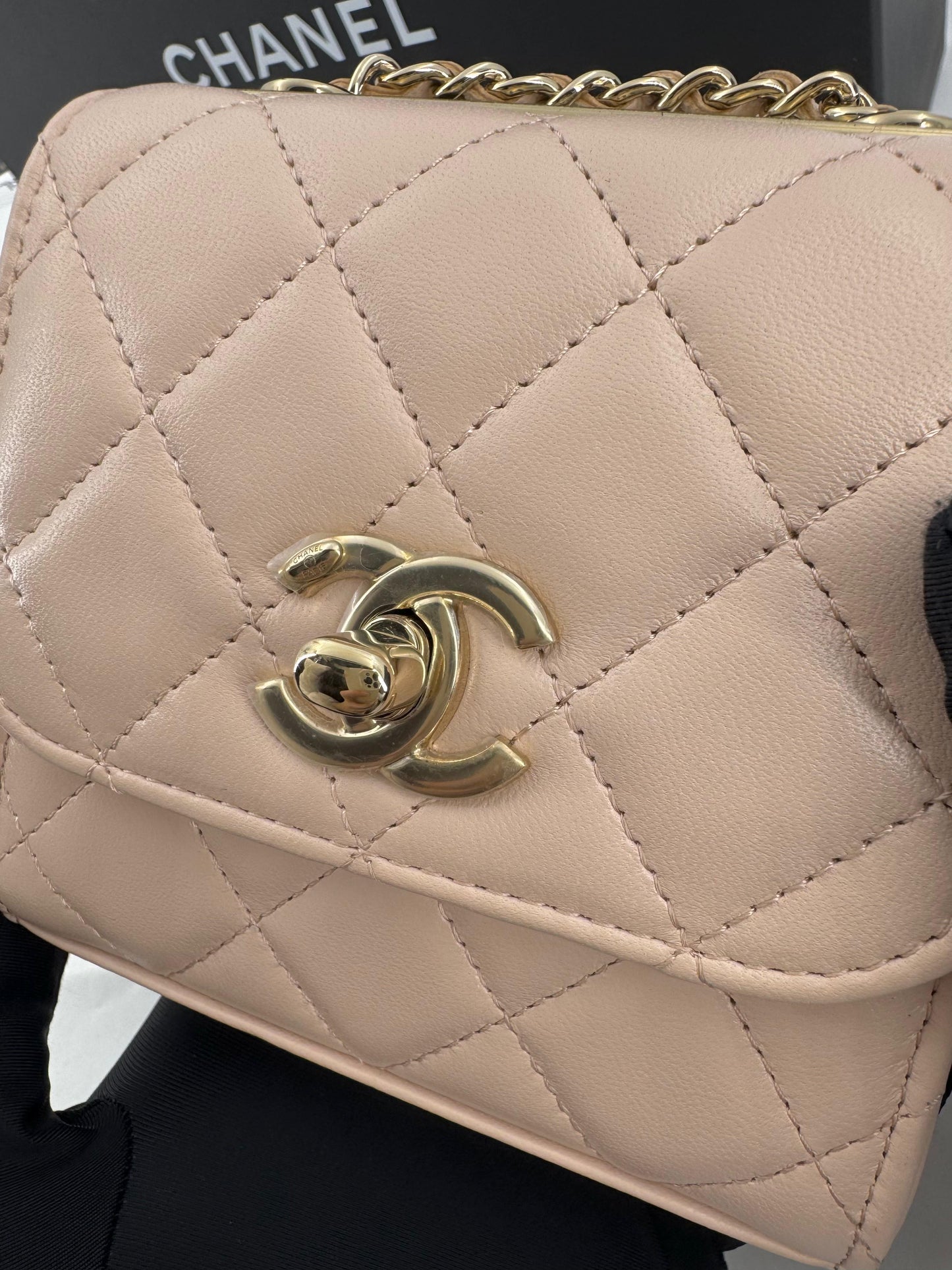 Chanel peach quilted leather coin purse with gold chain strap
