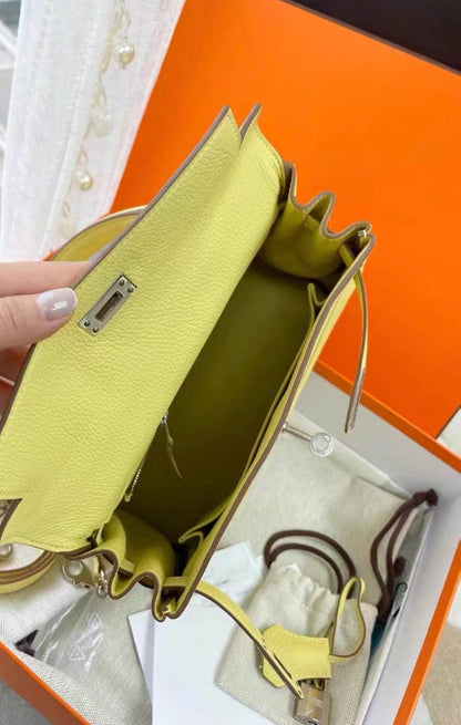 Hermes Kelly 25 Jaune Poussin Togo Leather Palladium hardware