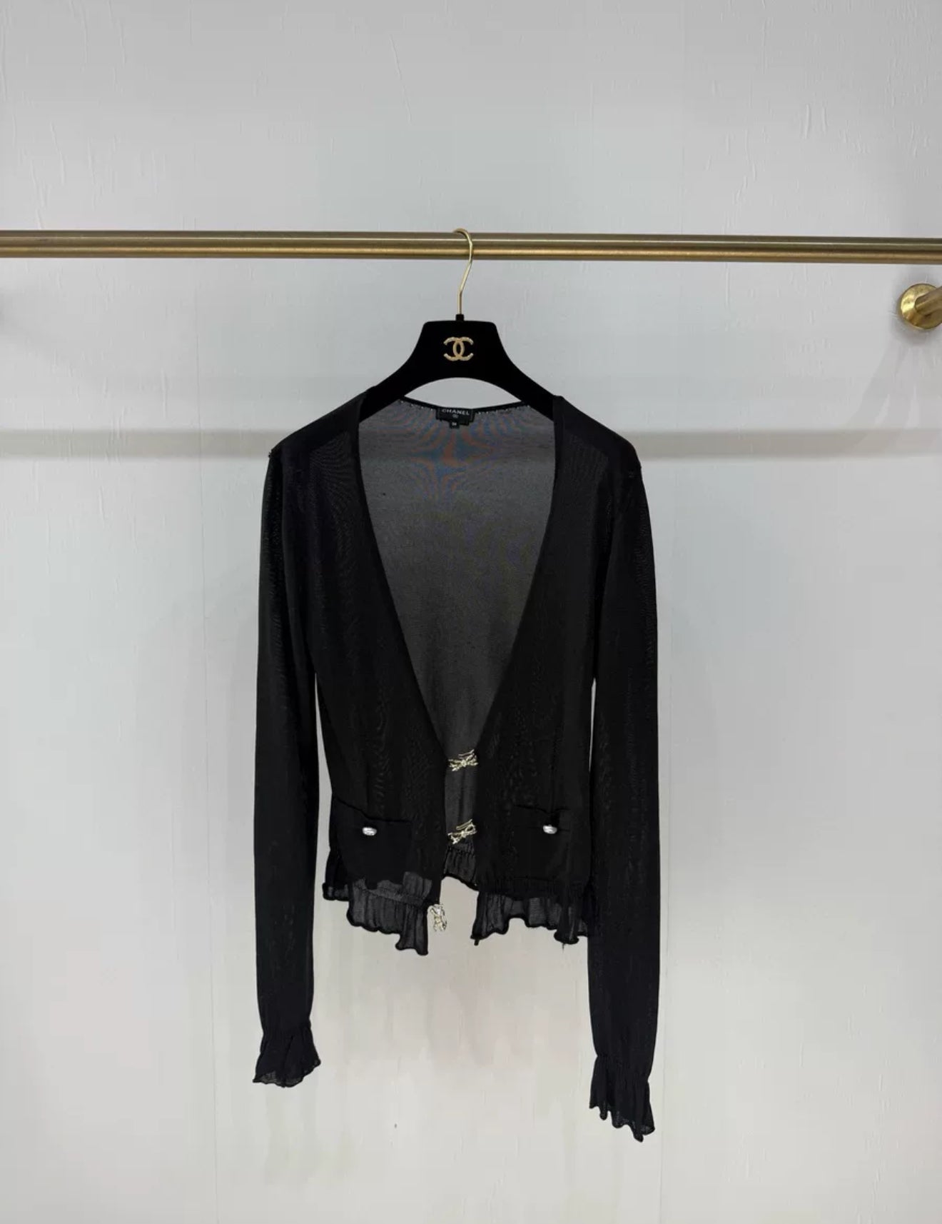 Chanel 23S black bow rhinestone top