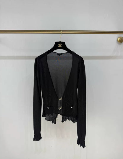 Chanel 23S black bow rhinestone top