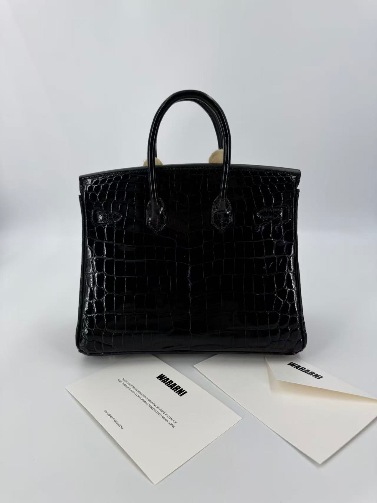 Hermes Birkin 25 Black shiny porosus crocodile leather gold hardware