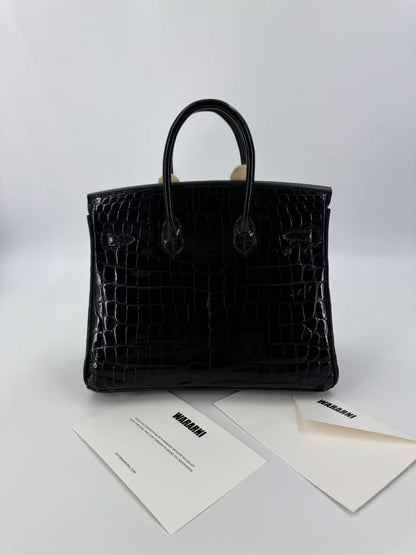 Hermes Birkin 25 Black shiny porosus crocodile leather gold hardware