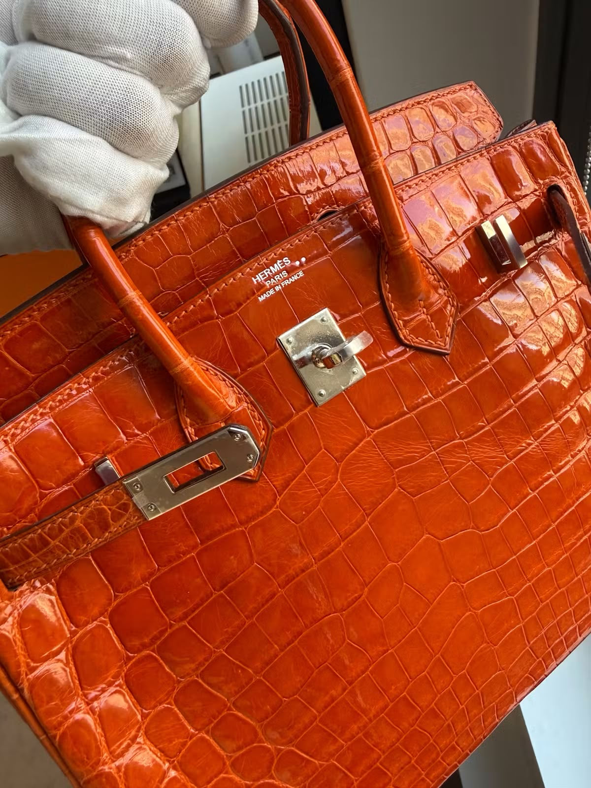Hermes Birkin 25 Orange Shiny croc Leather Palladium Hardware