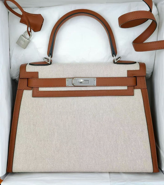 Hermes Kelly 28 toile Cuivre leather palladium hardware