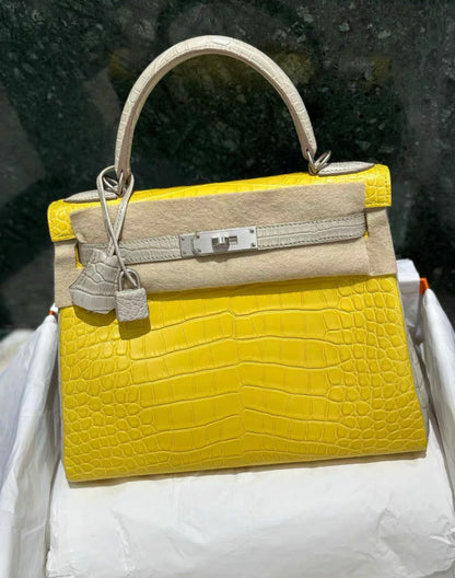 Hermes Kelly 28 Yellow Matte Alligator with Brushed Palladium Hardware