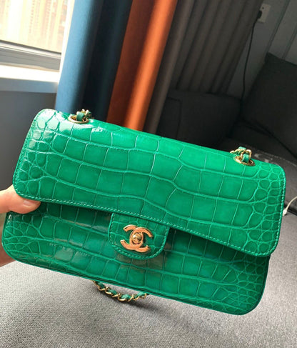 Chanel Green emerald alligator leather medium flap with gold hardware
