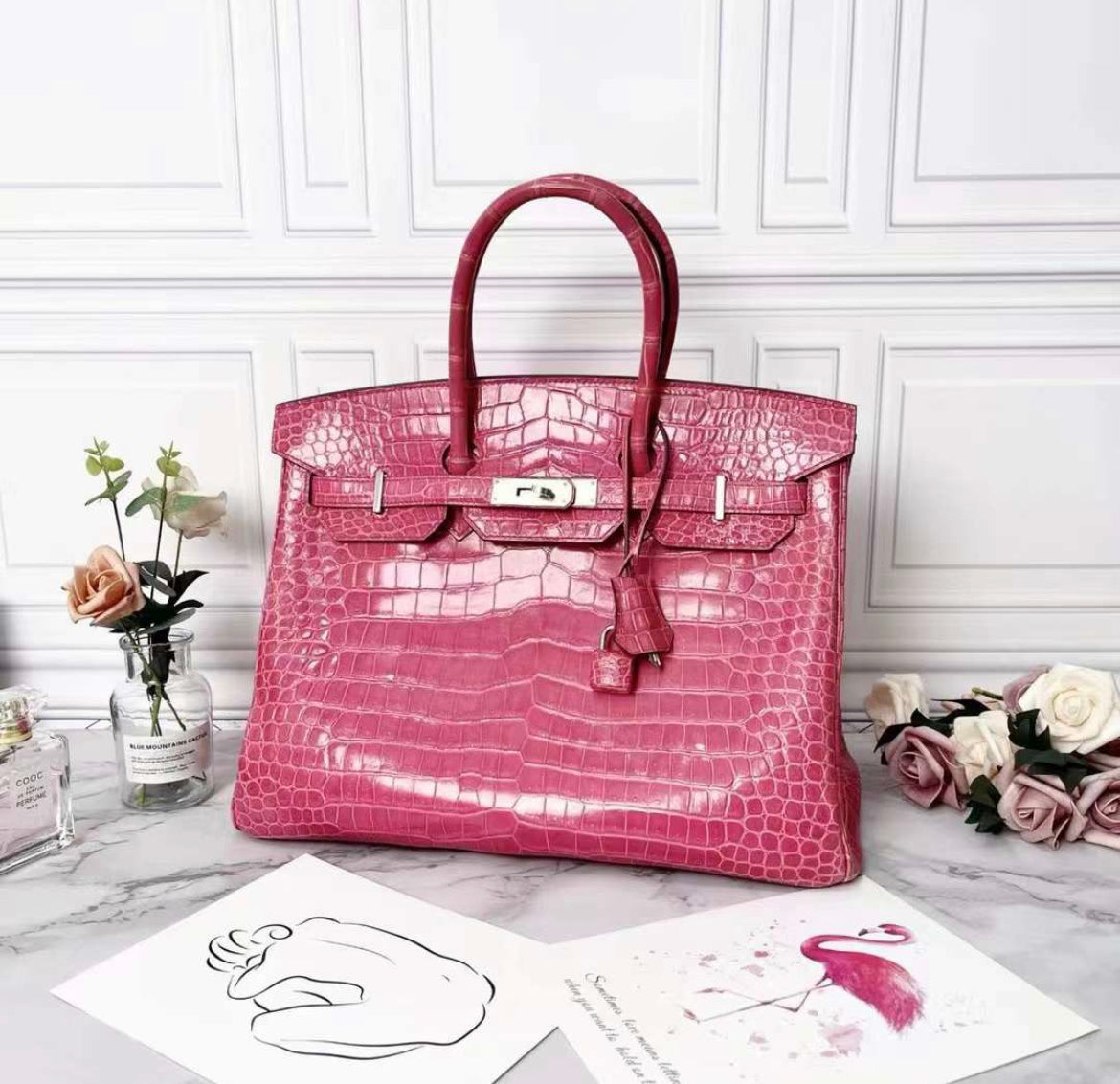 Hermes Birkin 35 Rose Pourpre Shiny Porosus Crocodile Palladium Hardware