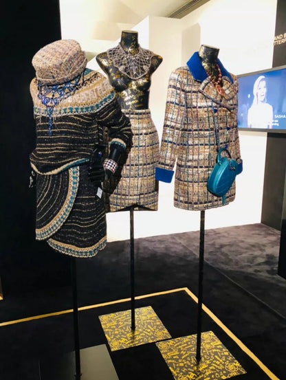 Chanel 19A Gold, Blue 
Gray Tweed Boater Hat