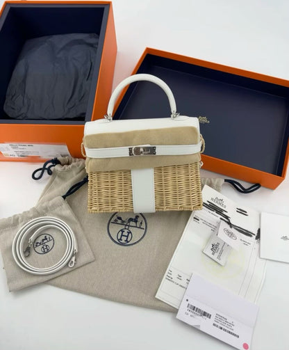 Hermès Mini Kelly 20 “Picnic” White Swift Leather & Palladium Hardware