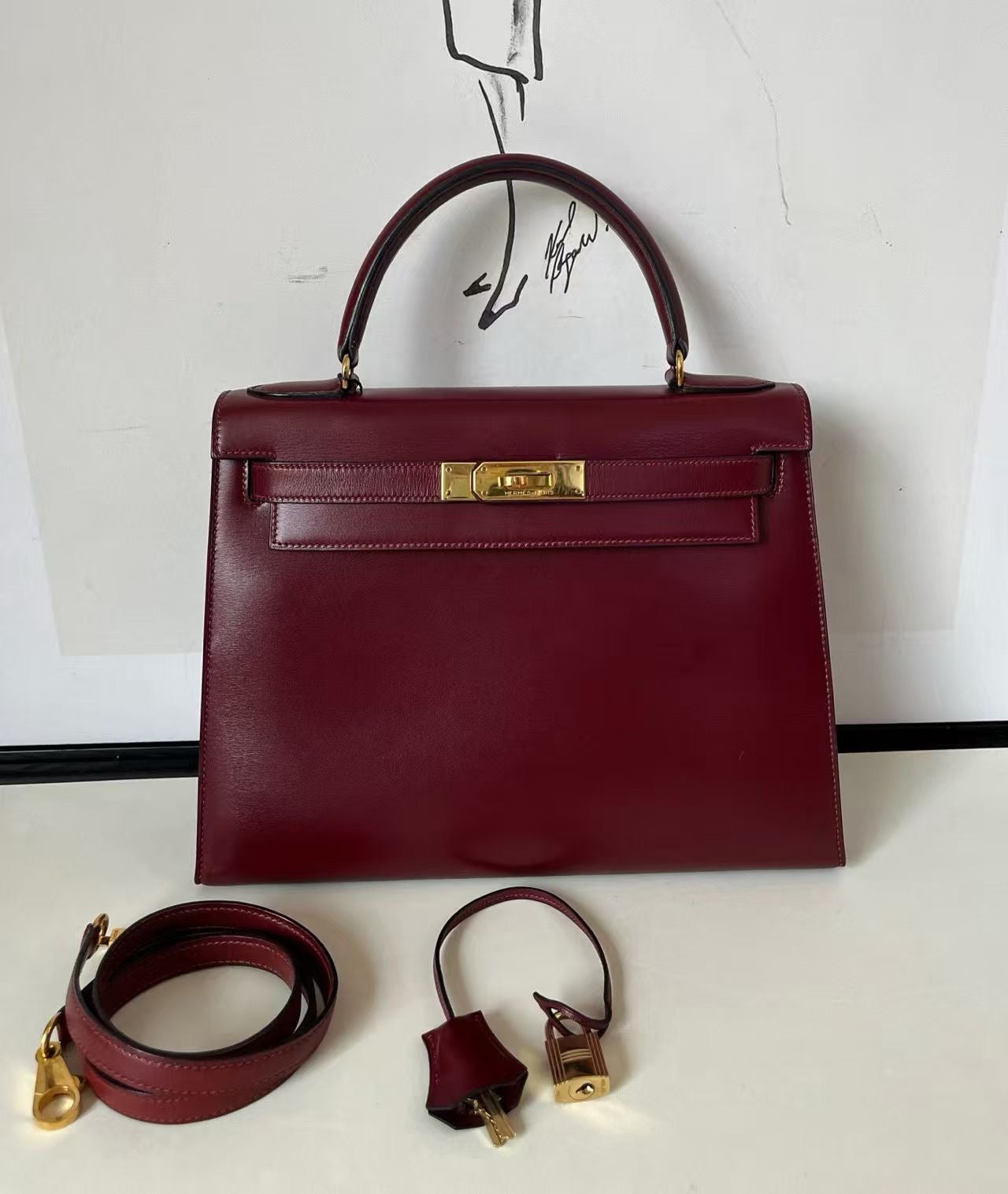 Vintage Hermes Kelly 28 Rouge H box Leather gold hardware