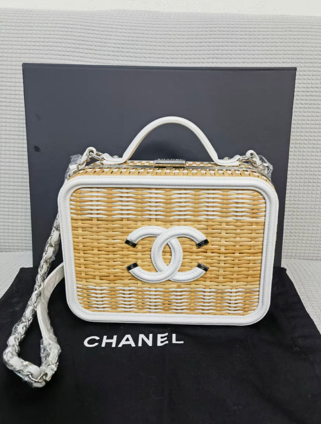 Chanel Vanity Case Beige & White, Rattan, Patent Calfskin & Silver-Tone Metal