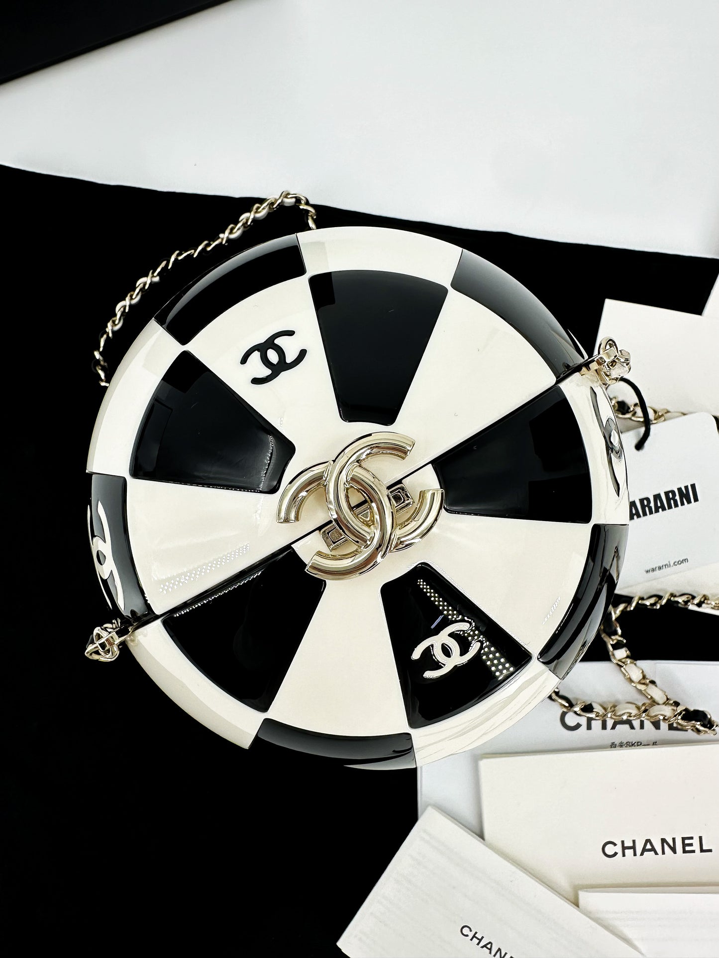 Chanel 23C Black and White Resin and Enamel Checker Sphere Minaudiere Pale Gold Hardware