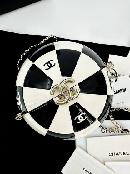 Chanel 23C Black and White Resin and Enamel Checker Sphere Minaudiere Pale Gold Hardware