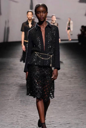 Chanel 23SS black tweed sequined jacket