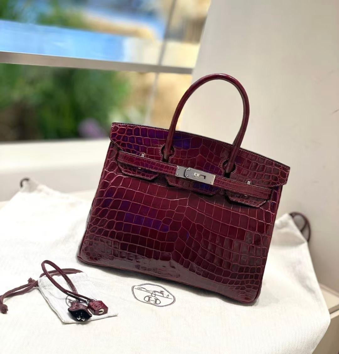 Hermes Birkin 30 Bordeaux Shiny Crocodile Leather Palladium Hardware