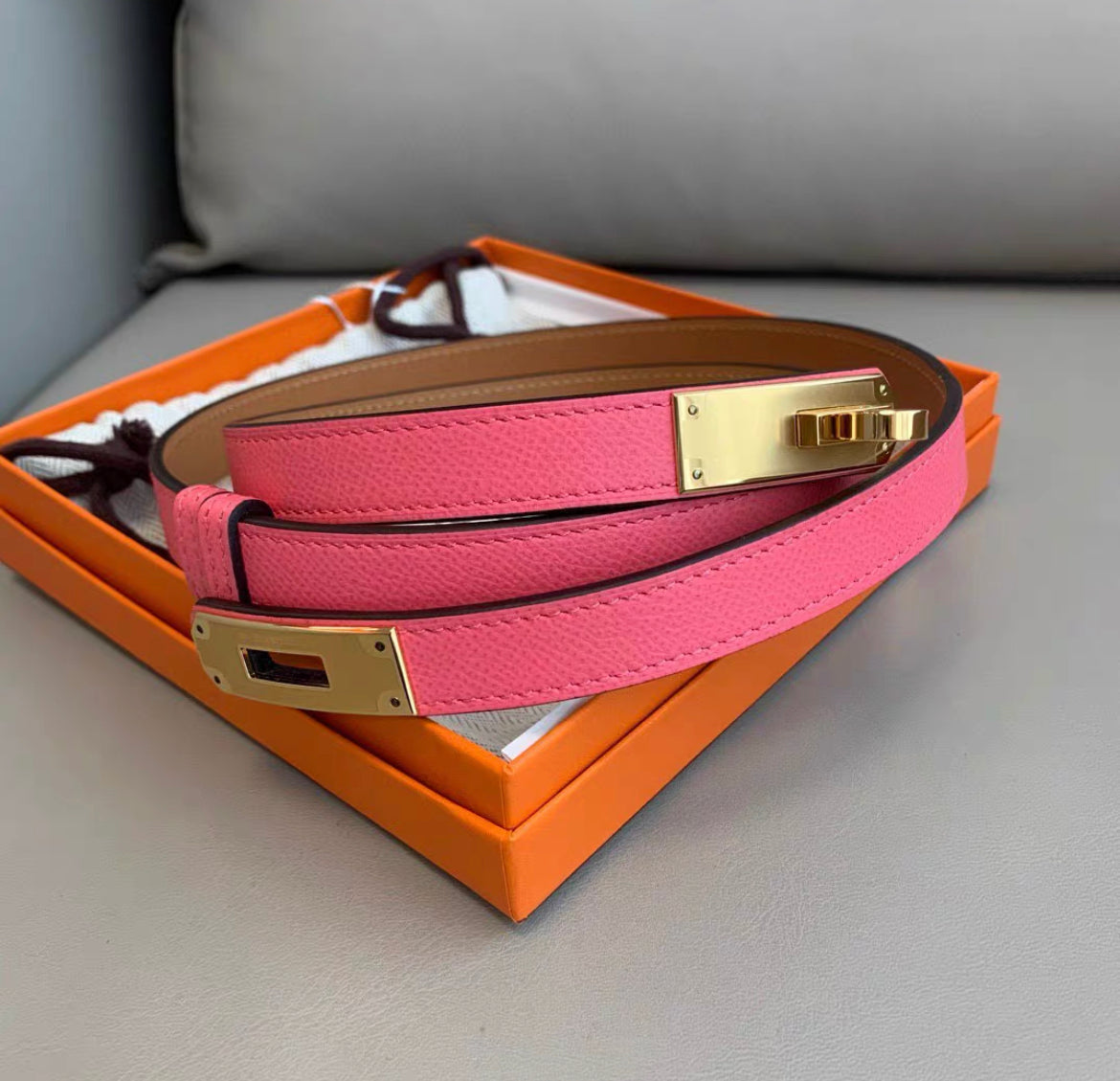 Hermes Kelly belt lipstick pink and gold hardware