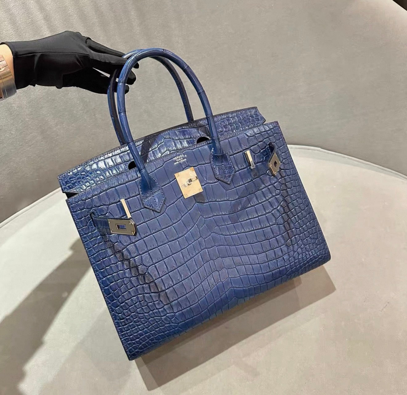 Hermes Birkin 30 Sellier Blue Indigo Matter Crocodile Leather Palladium Hardware