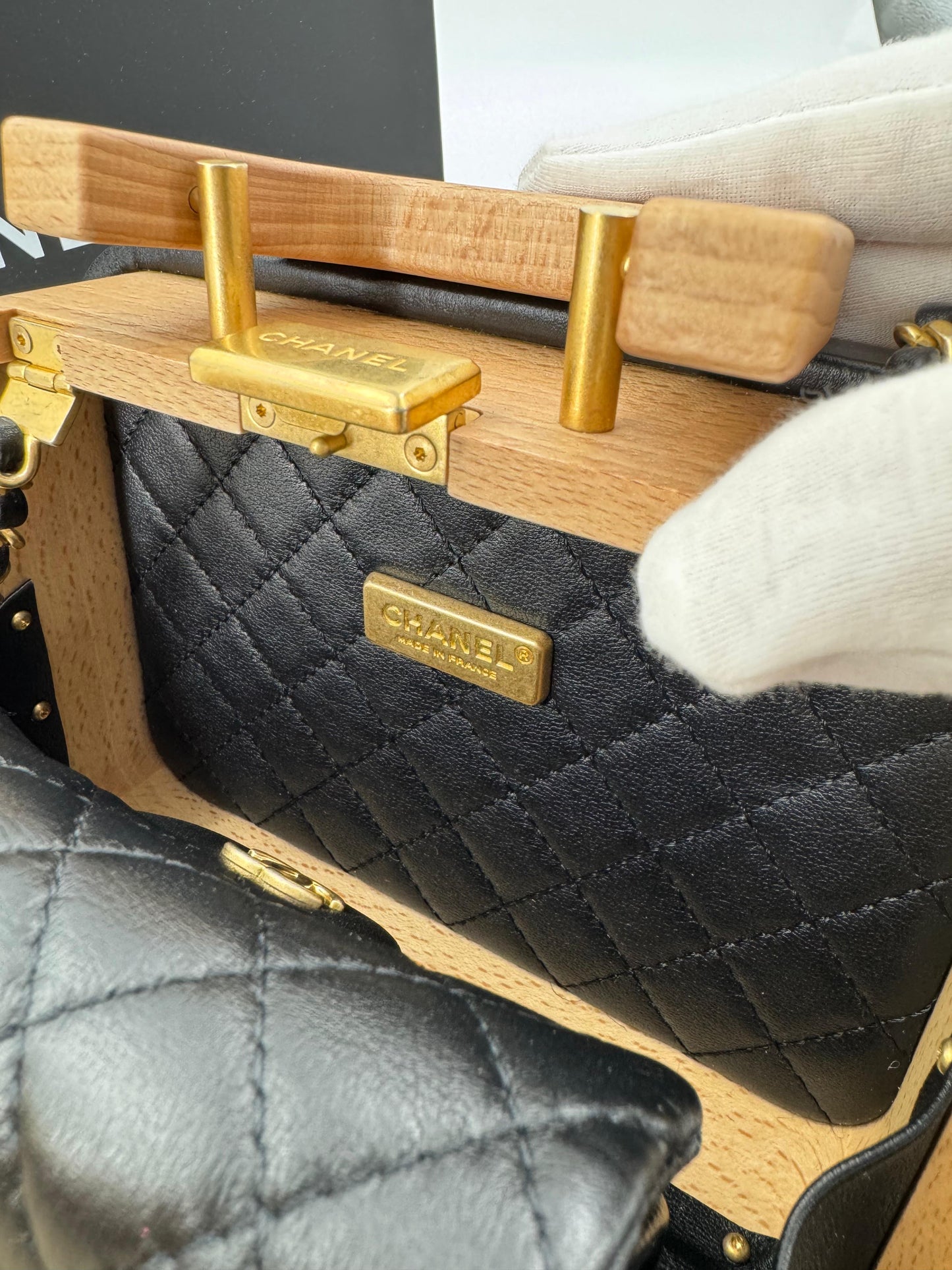 Chanel 2022 Beech Wood and Black Lambskin CC Vanity Case Brushed Gold Hardware