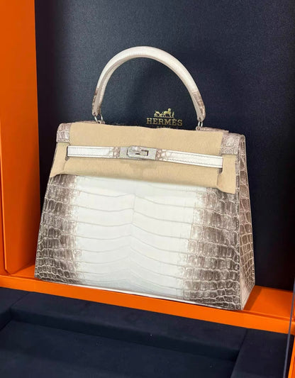 Hermes Kelly 25 Bag Diamond Himalaya Blanc Matte Niloticus Crocodile with 18k White Gold Hardware