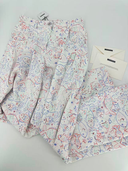 Chanel 25c white denim wide-leg pants with fish prints