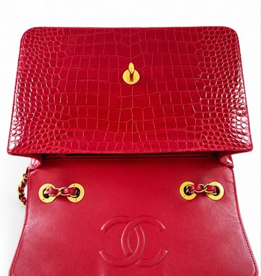 Chanel Red Shiny Crocodile Maxi flap with gold hardware