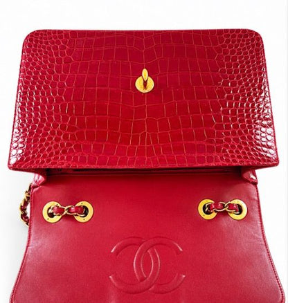 Chanel Red Shiny Crocodile Maxi flap with gold hardware