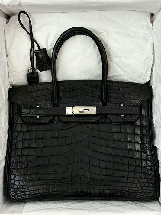 Hermes Birkin 30 black matte niloticus crocodile leather palladium hardware