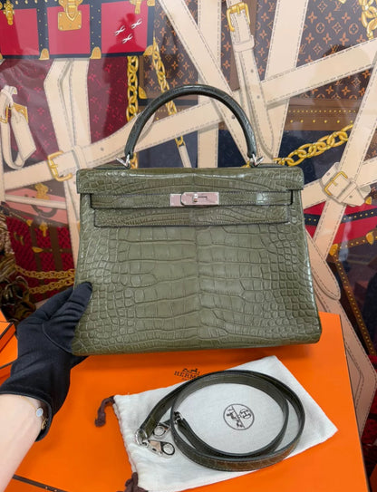 Hermès Kelly 32 olive green Alligator leather Palladium Hardware
