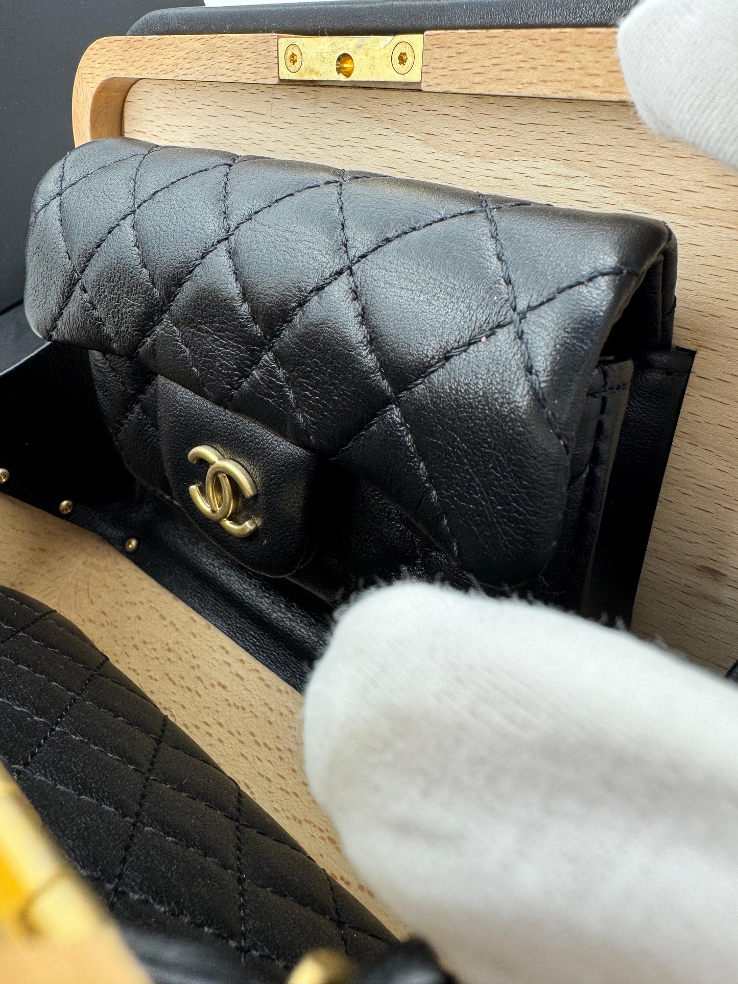 Chanel 2022 Beech Wood and Black Lambskin CC Vanity Case Brushed Gold Hardware