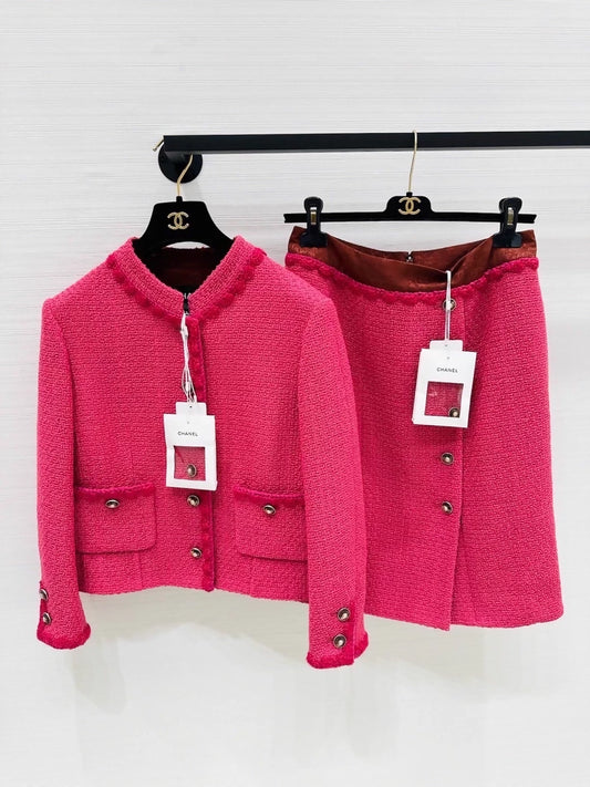 Chanel 24A fuchsia wool tweed jacket and skirt