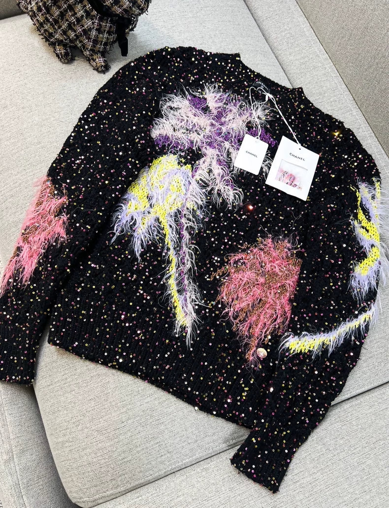 Chanel 24c colorful ostrich feather sequined knit top