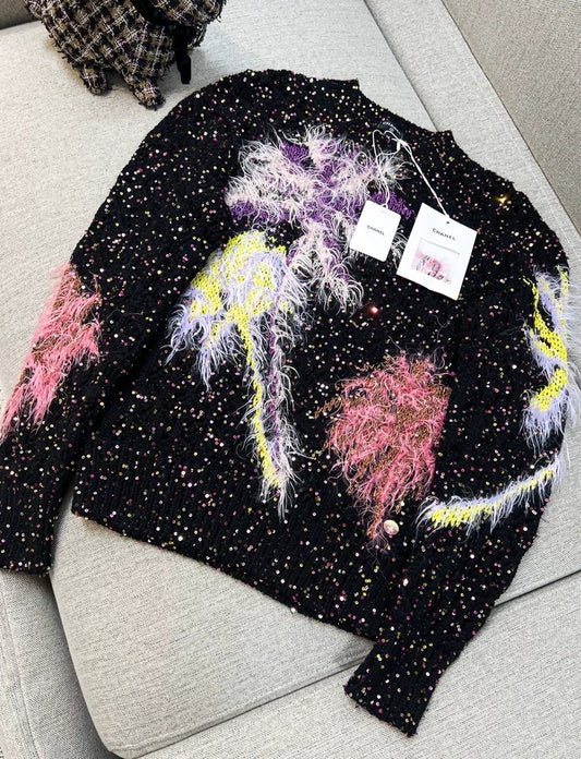Chanel 24c colorful ostrich feather sequined knit top