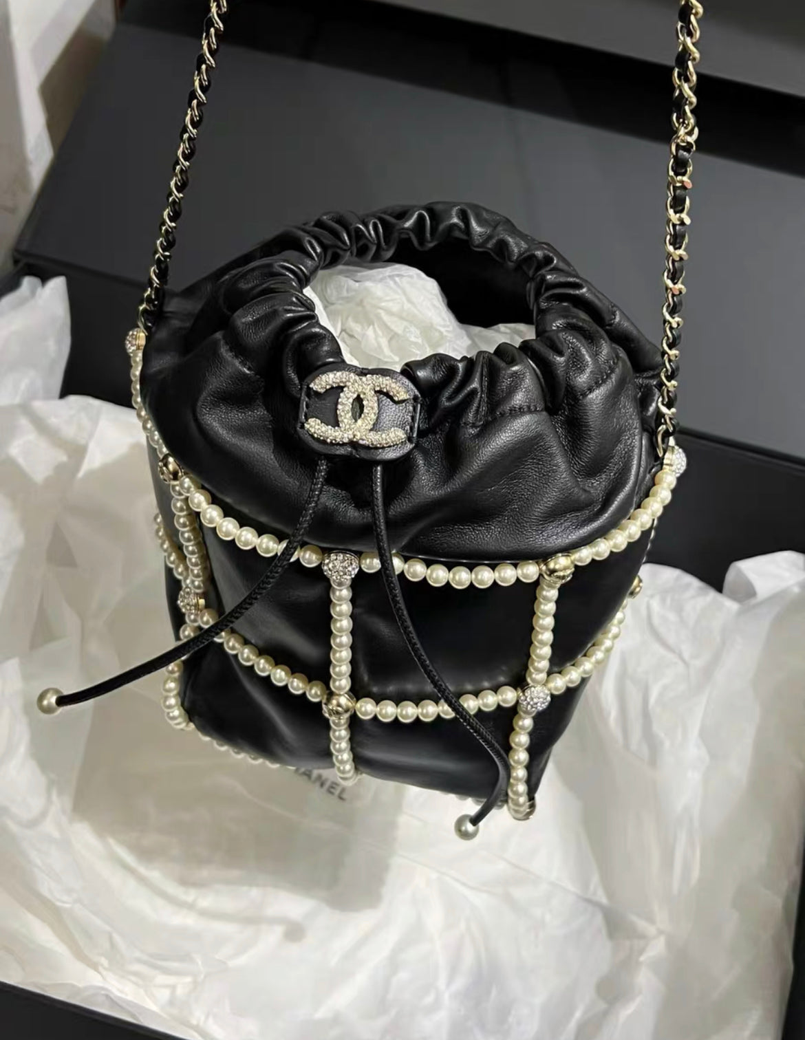 CHANEL 2021 BUCKET CRYSTAL CC LOGO PEARL CHAIN BAG LAMBSKIN BLACK